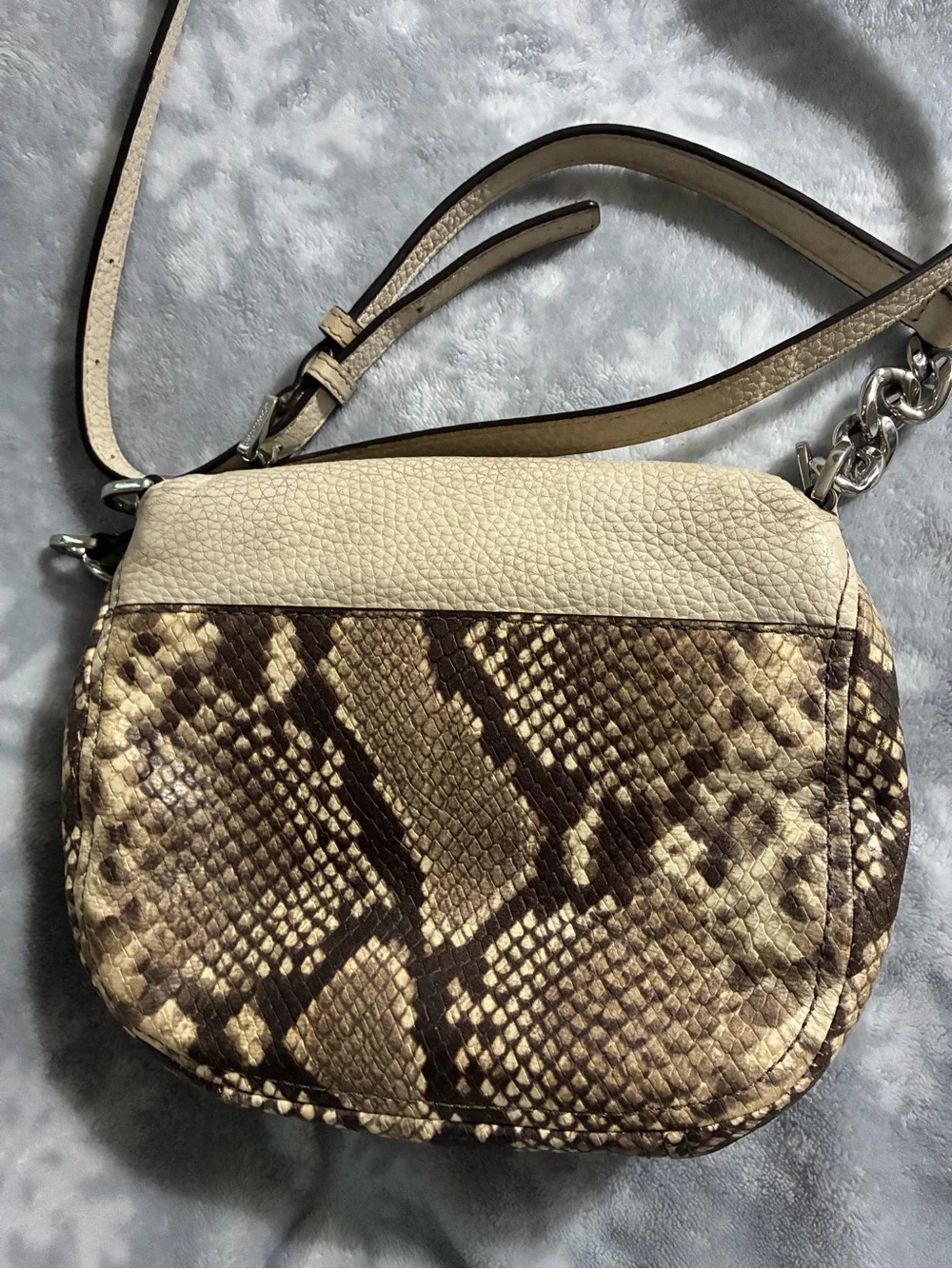 Michael Kors Cream & Brown Snake-Print Crossbody Saddle Bag